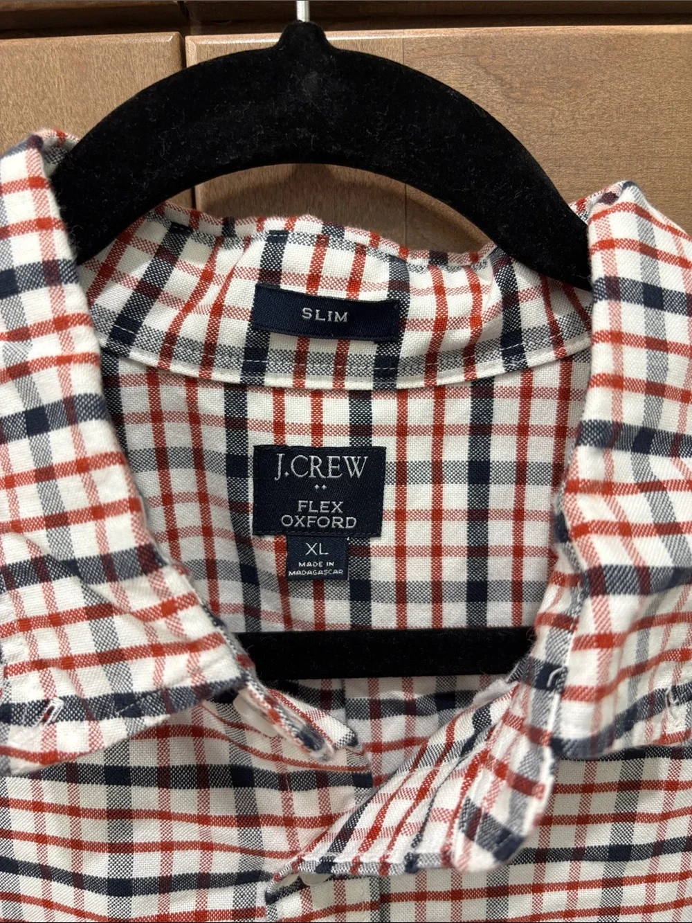 J. Crew Men’s Slim Fit White Red and Navy Plaid Button-Up Shirt